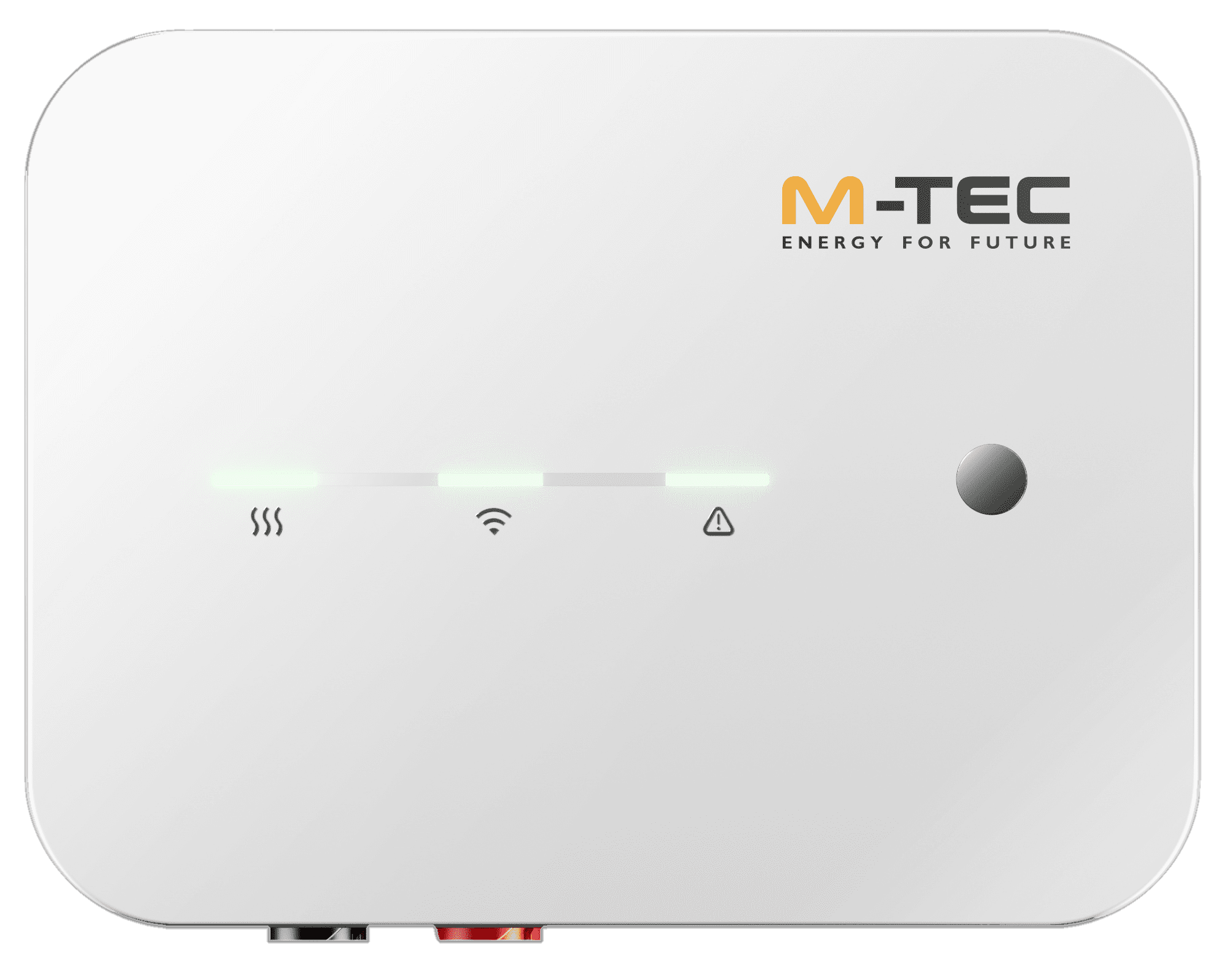 zariadenie so zaoblenými rohmi v bielej a sivej farbe. Na prednej strane zariadenia sa nachádza niekoľko malých svetiel s ikonami pod nimi. Logo M-TEC sa nachádza na pravej hornej strane zariadenia a pod ním je tlačidlo.